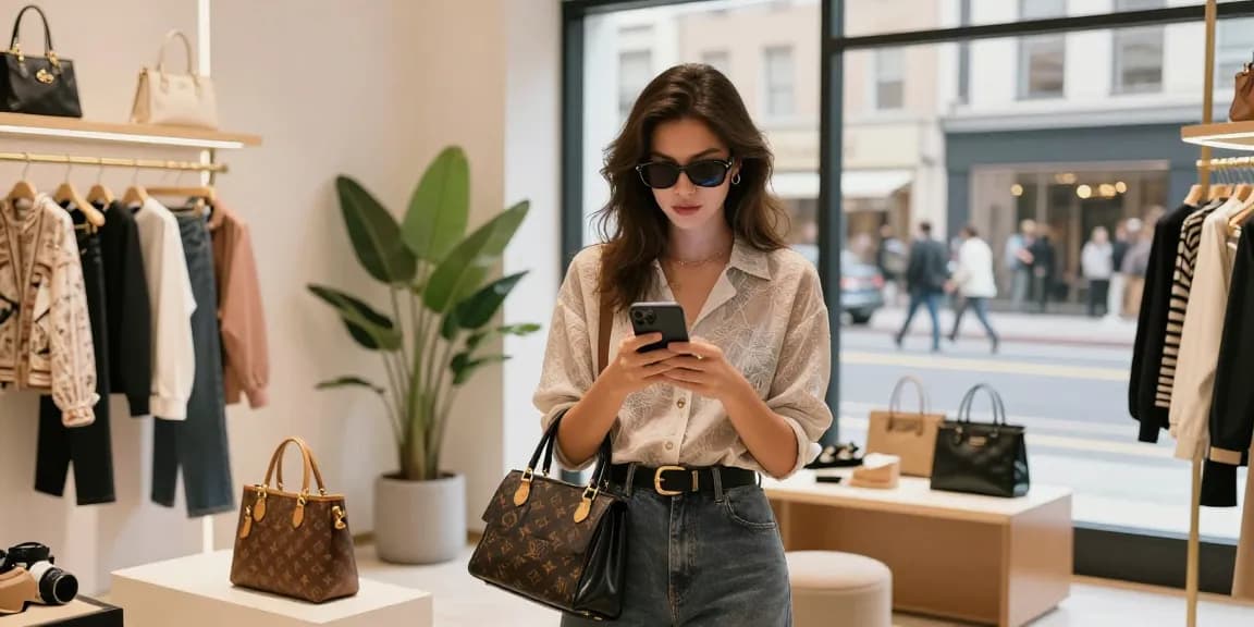 Youthful woman exploring luxurious 레플리카 fashion items in a stylish urban boutique.