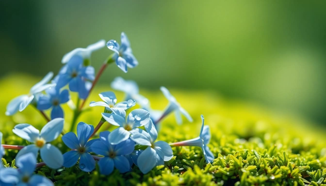 Bluetenbande flowers creating a serene atmosphere with dewdrops on petals.