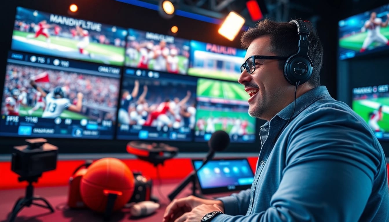 Engaging sports broadcasting setup highlighting a dynamic commentator with vibrant screens.