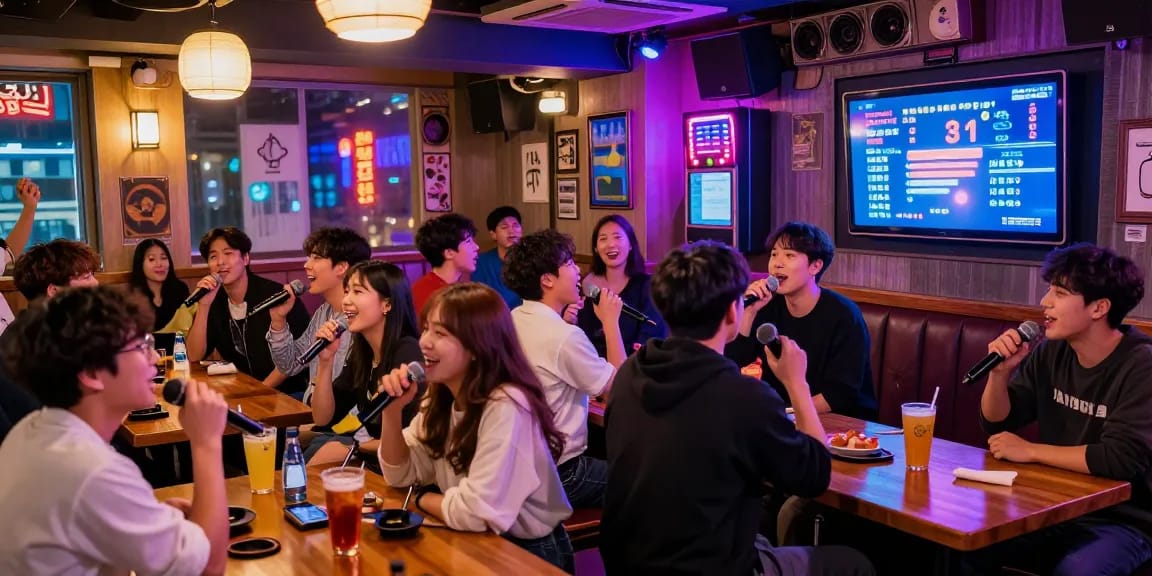 Experience 제주유흥 in vibrant karaoke bar atmosphere with friends singing and enjoying drinks.
