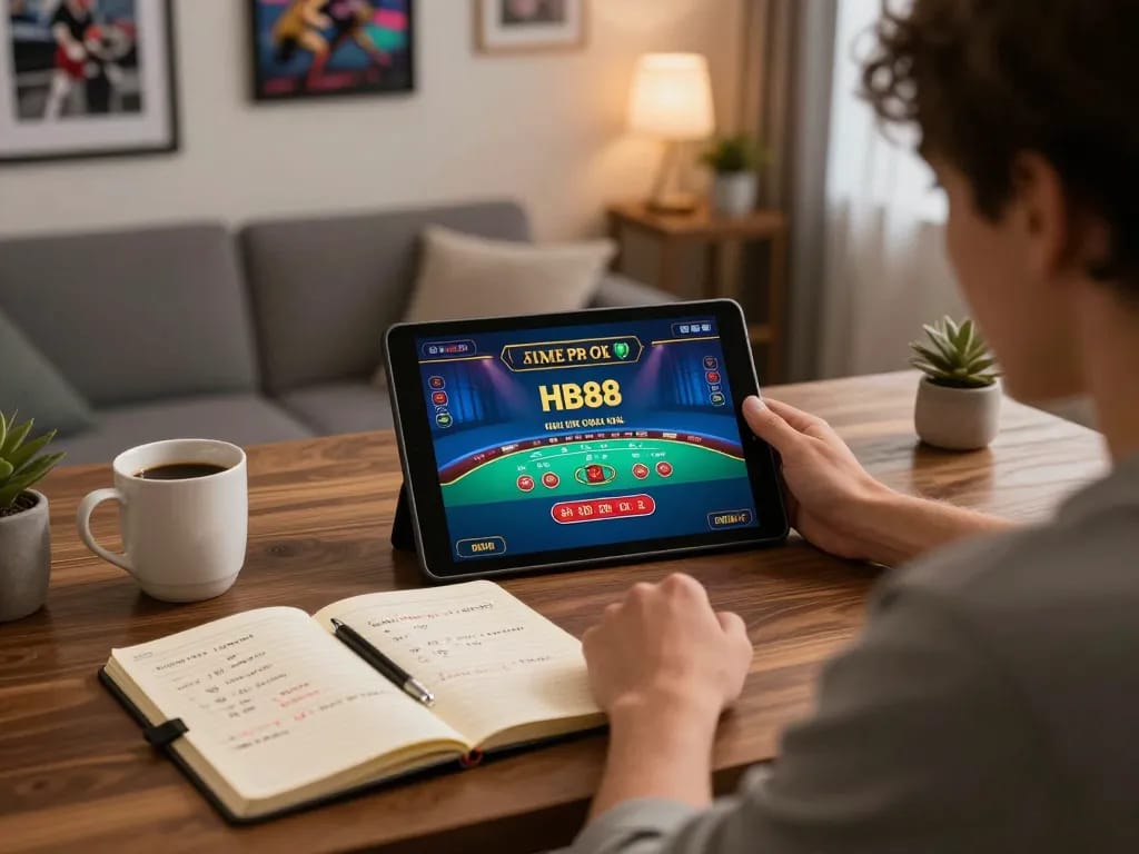 Player focusing on a live dealer blackjack game at HB88, showcasing a strategic home gaming environment.