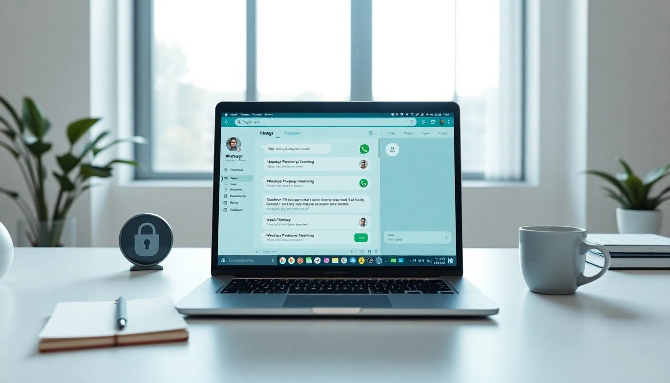 展示 WhatsApp Web 的聊天功能界面,以及在现代工作区环境中的 快连官网。