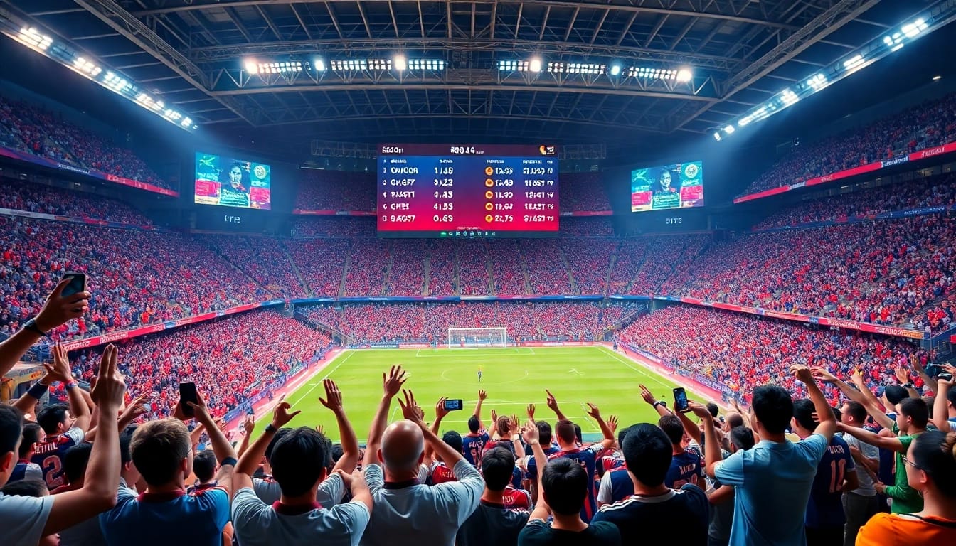 Kèo nhà cái updates in an electrifying stadium atmosphere with cheering fans and live betting odds.