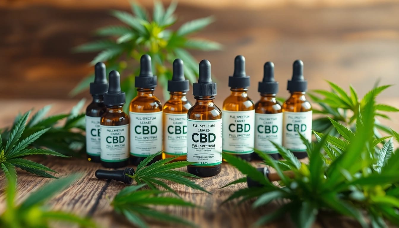 Showcasing full spectrum CBD oil bottles with natural elements, emphasizes wellness.
