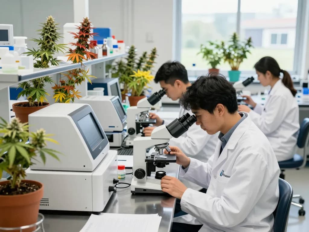 EU cannabinoid manufacturer team conducting quality tests in a vibrant lab filled with cannabis plants and advanced equipment.