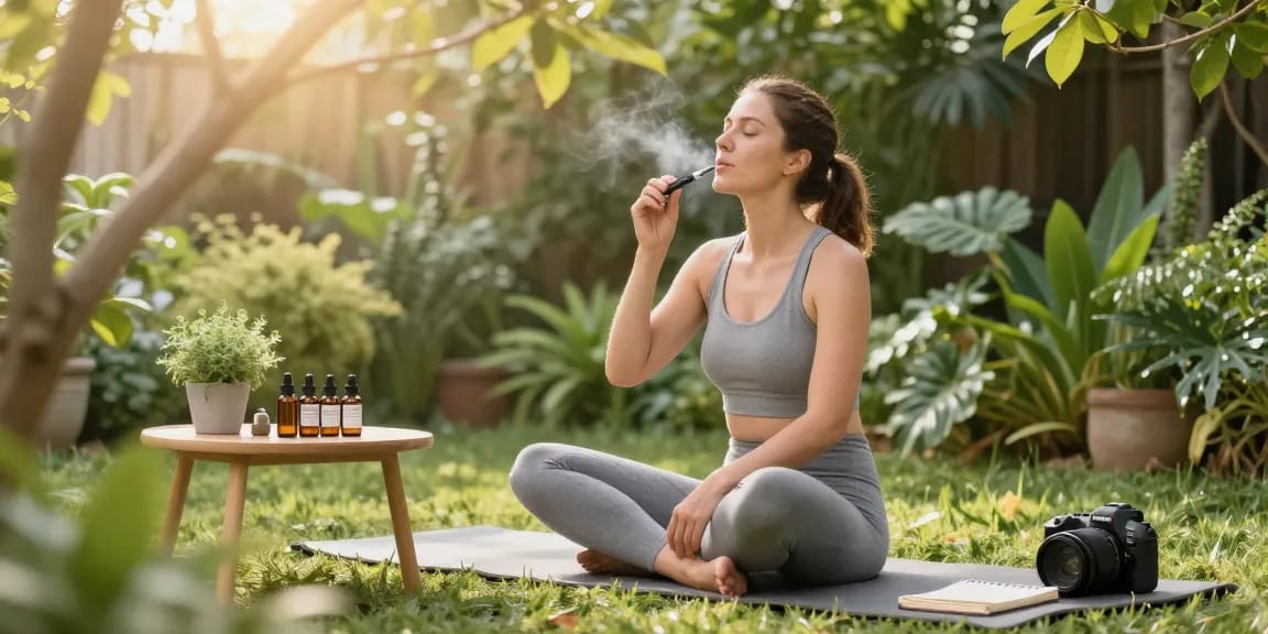 Ministry of Cannabis web official CBD oil and vape lifestyle scene in a tranquil garden.