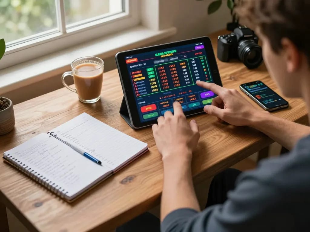Engaged gambler analyzing Prediksi Jitu while placing bets on a tablet in a cozy gaming setup