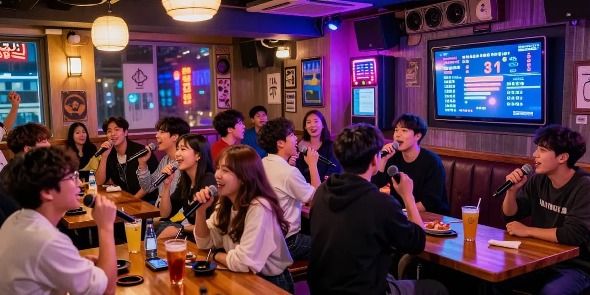 Experience 제주유흥 in vibrant karaoke bar atmosphere with friends singing and enjoying drinks.