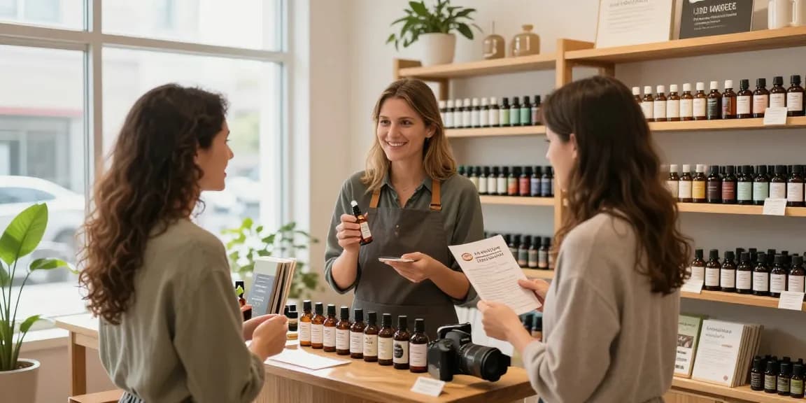 Buy CBD oil Canada: Friendly staff assisting customers in a cozy shop filled with organic CBD oil products.