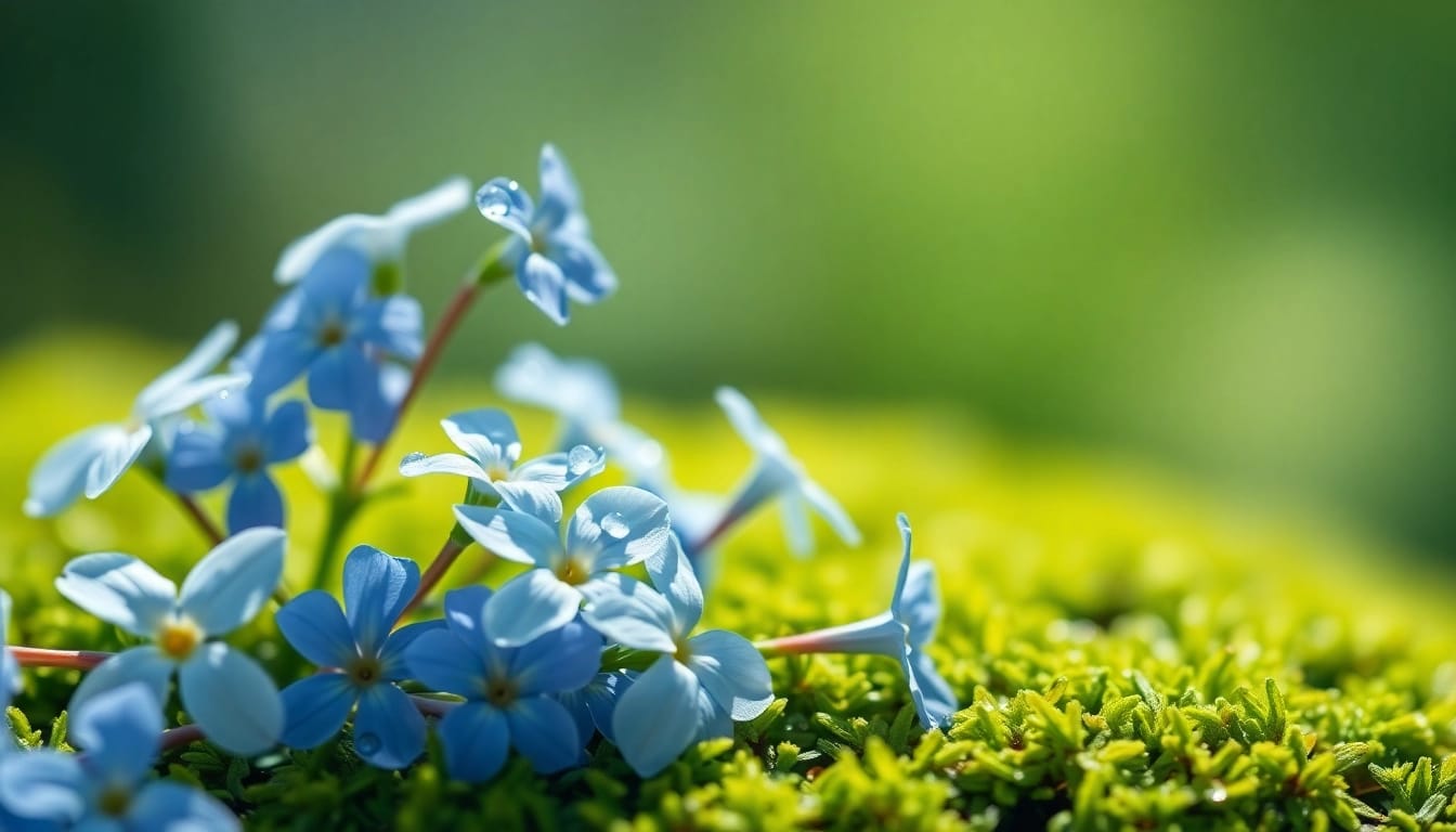 Bluetenbande flowers creating a serene atmosphere with dewdrops on petals.
