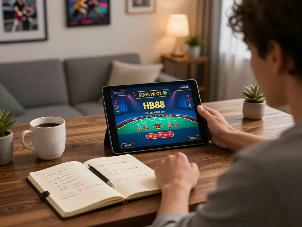 Player focusing on a live dealer blackjack game at HB88, showcasing a strategic home gaming environment.