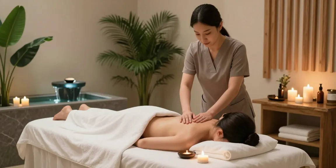 A therapist delivering 구로마사지 to a client in a tranquil spa setting with candles and soothing decor.