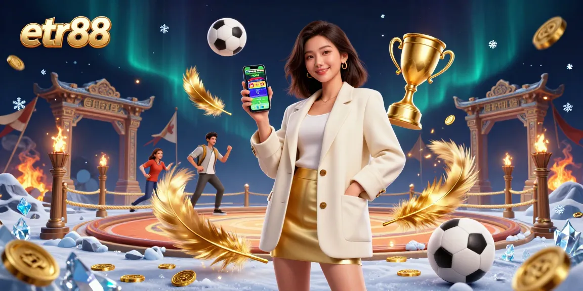 Bet on etr88 with thrilling sports betting action featuring a friendly Asian woman using a mobile app.