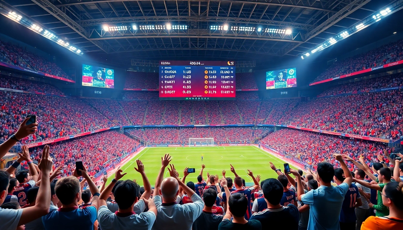 Kèo nhà cái updates in an electrifying stadium atmosphere with cheering fans and live betting odds.