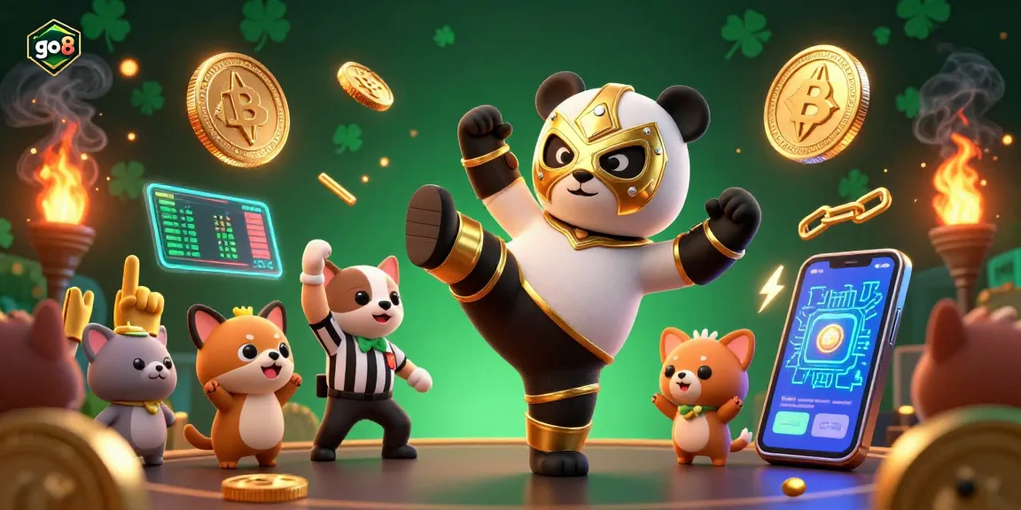 Join the go8 adventure with a panda wrestler executing a kick alongside crypto-themed elements, highlighting casino energy.