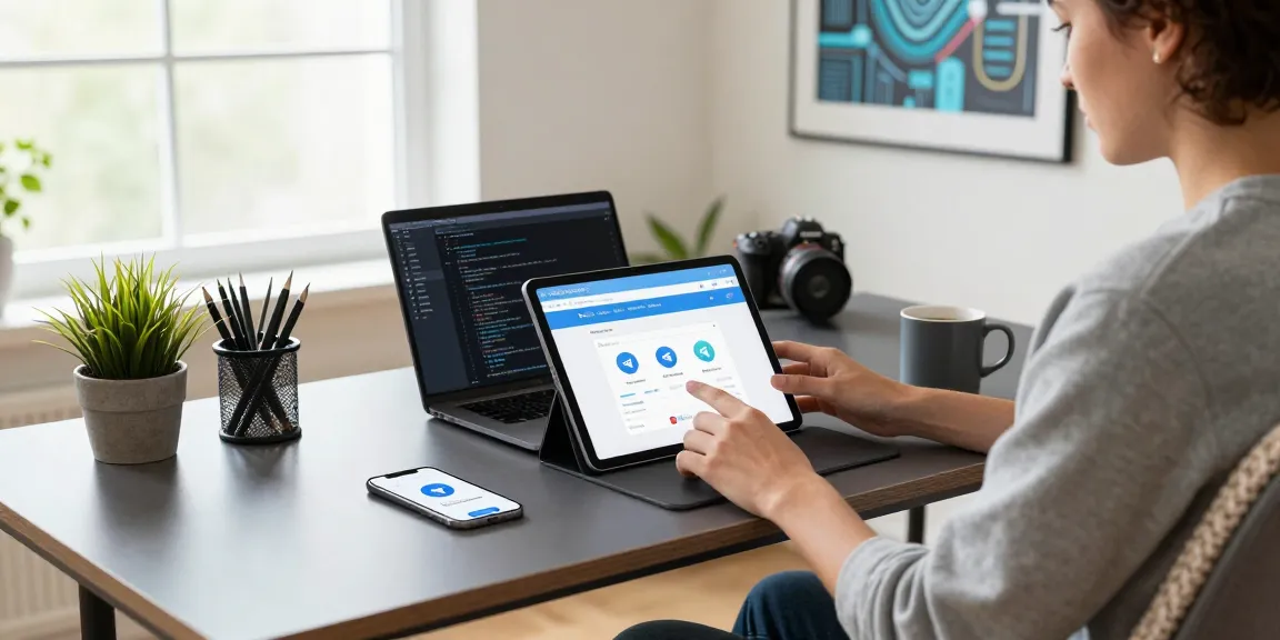 Utilizing Telegram Web Version on a tablet in a modern home office setting with tech elements.