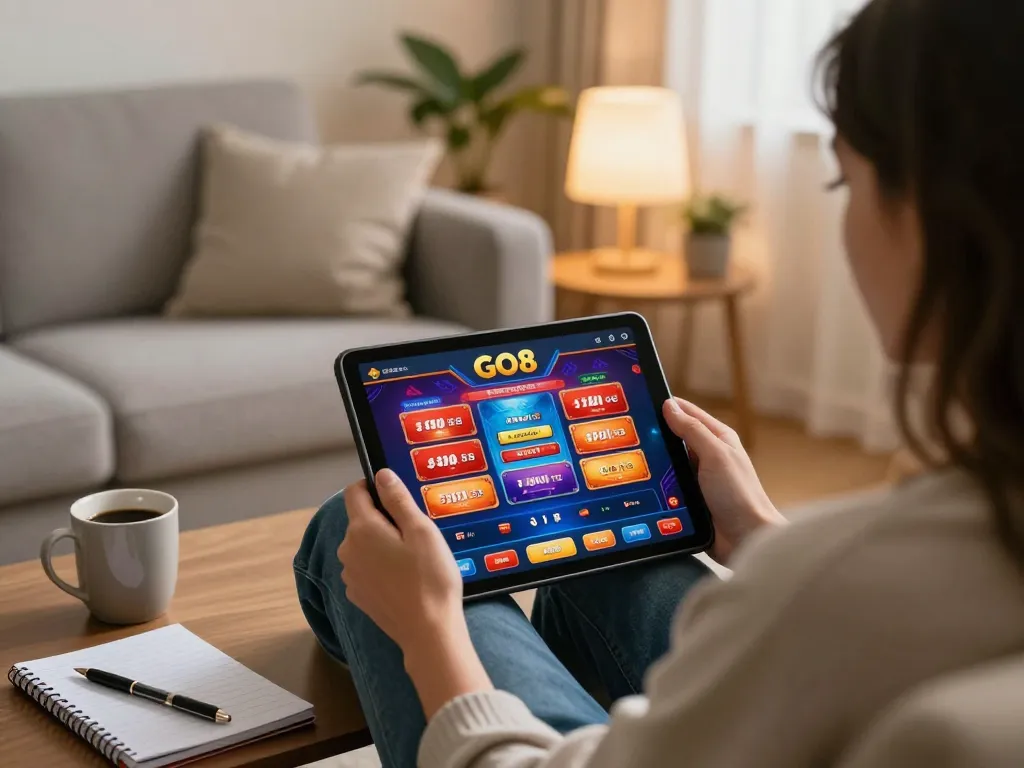 Engaging with GO8s online gaming platform from a cozy home setup with tablet and notebook.