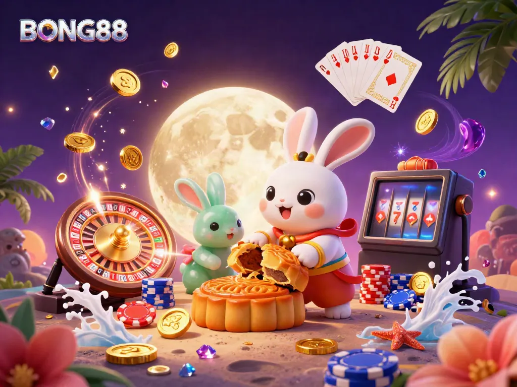 Experience BONG88 through a vibrant 3D illustration of a moon rabbit creating mooncakes revealing poker chips, surrounded by casino elements.