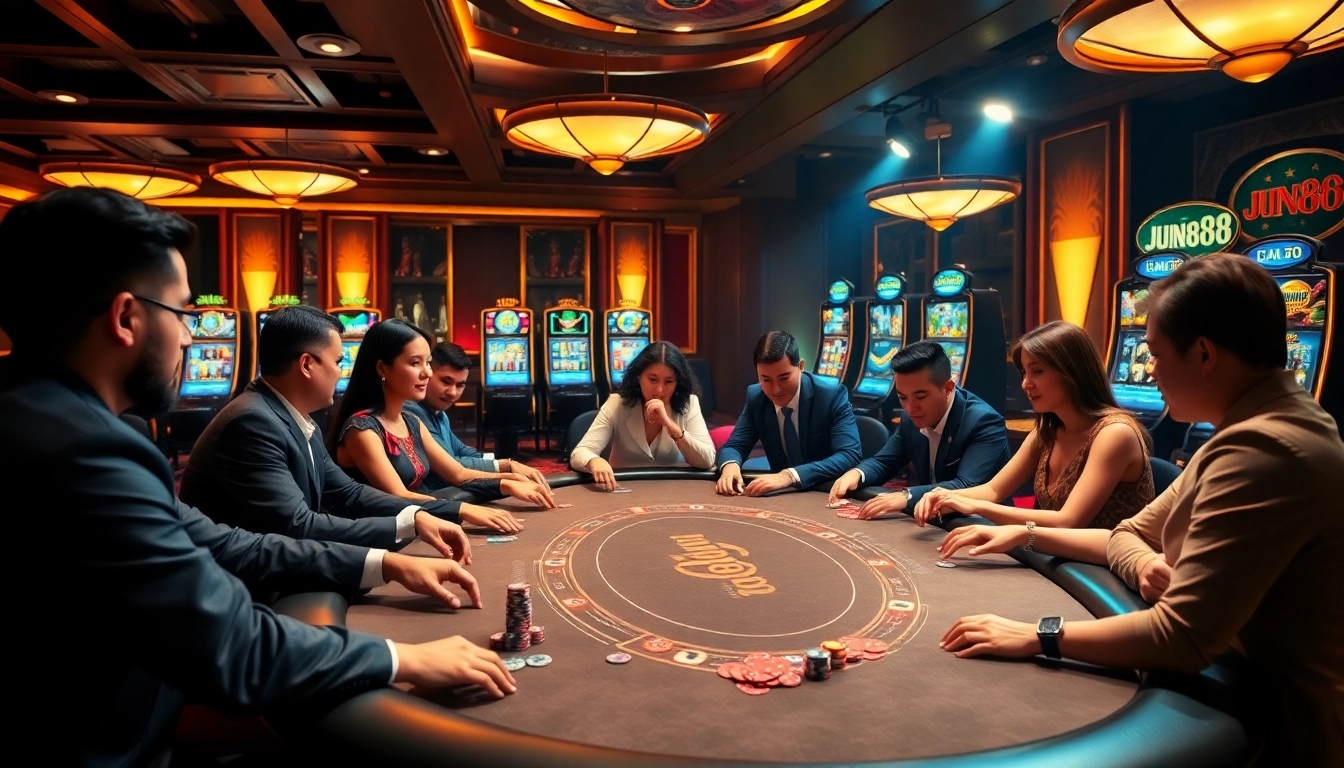 Experience the thrilling atmosphere of Jun88 with vibrant casino tables and exciting gameplay.