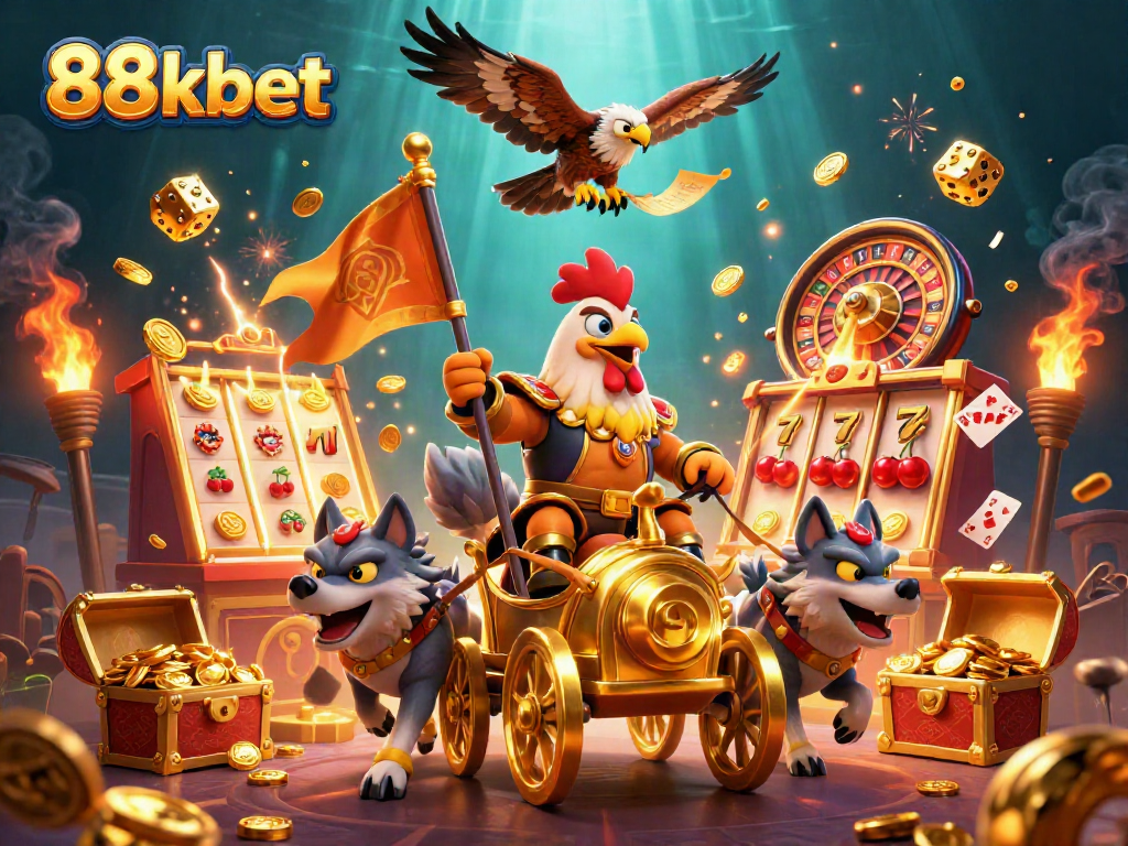 Experience the excitement of 88kbet with a rooster warlord, golden chariot, and live casino elements.