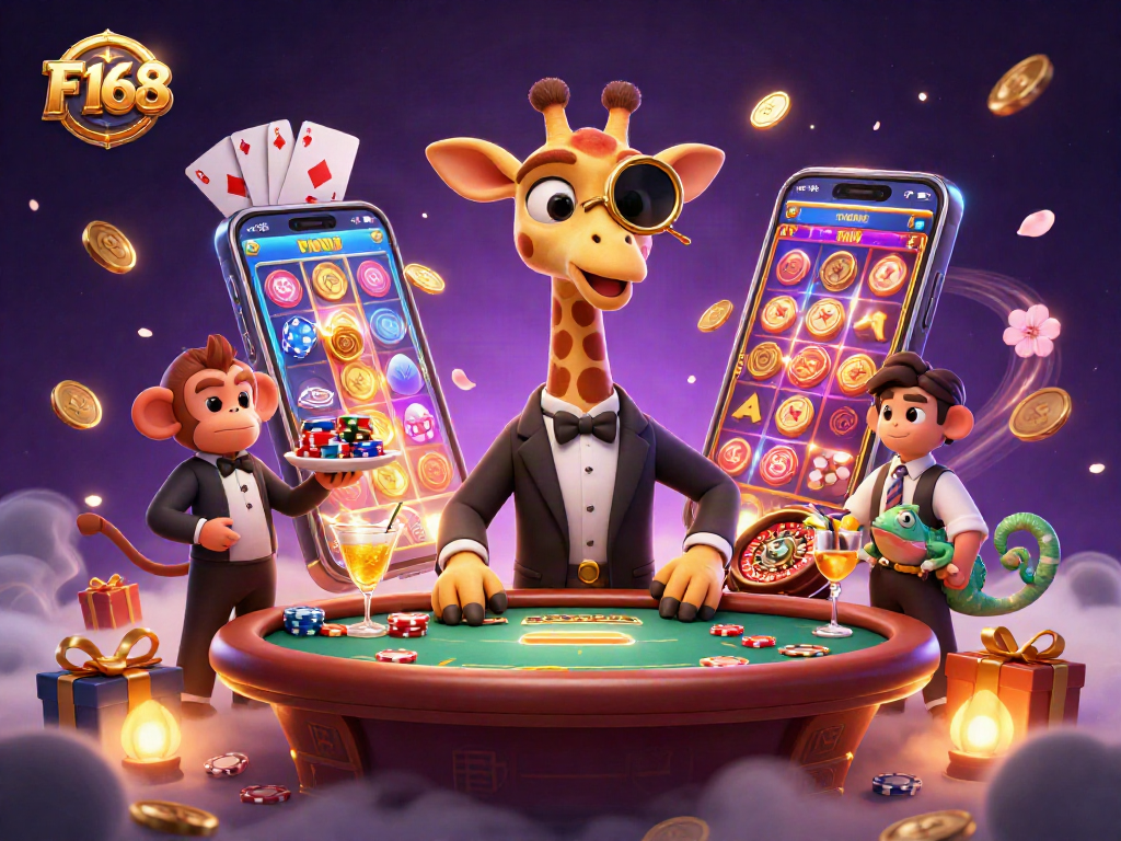 F168 showcases a high-roller giraffe at a poker table while winning big in an Asian casino.