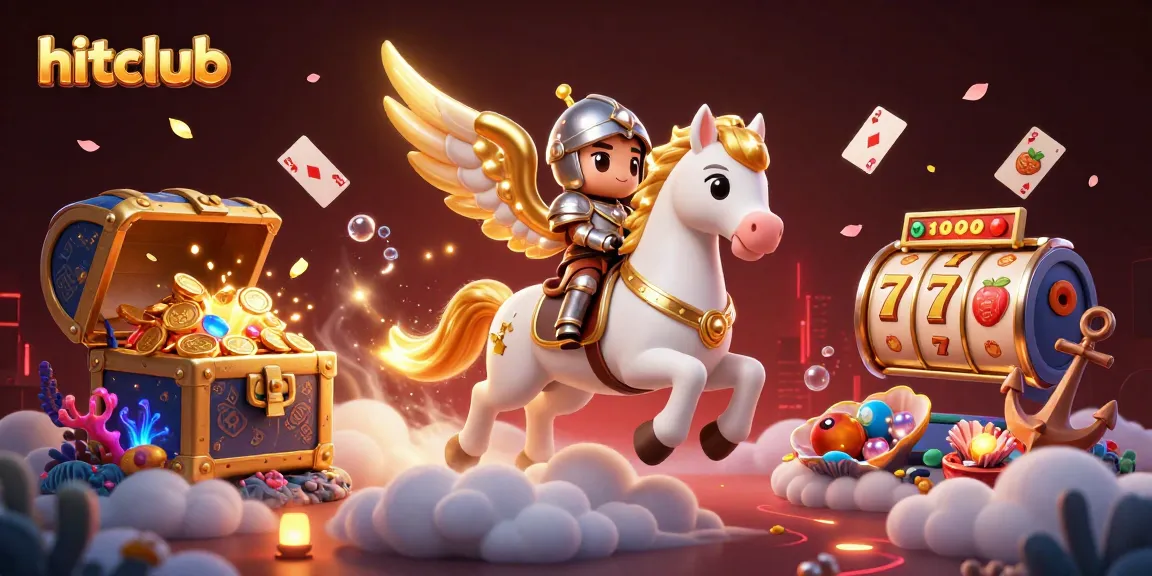 hitclub showcases a vibrant 3D casino scene with a celestial horse, slot reels, and treasure.