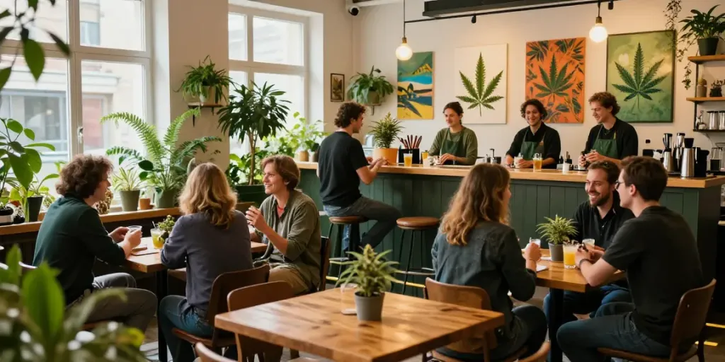 Cannabis club Osnabrück with patrons enjoying a relaxed community atmosphere.