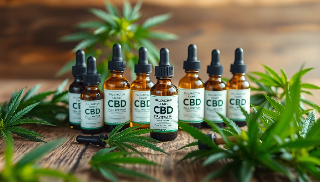Showcasing full spectrum CBD oil bottles with natural elements, emphasizes wellness.