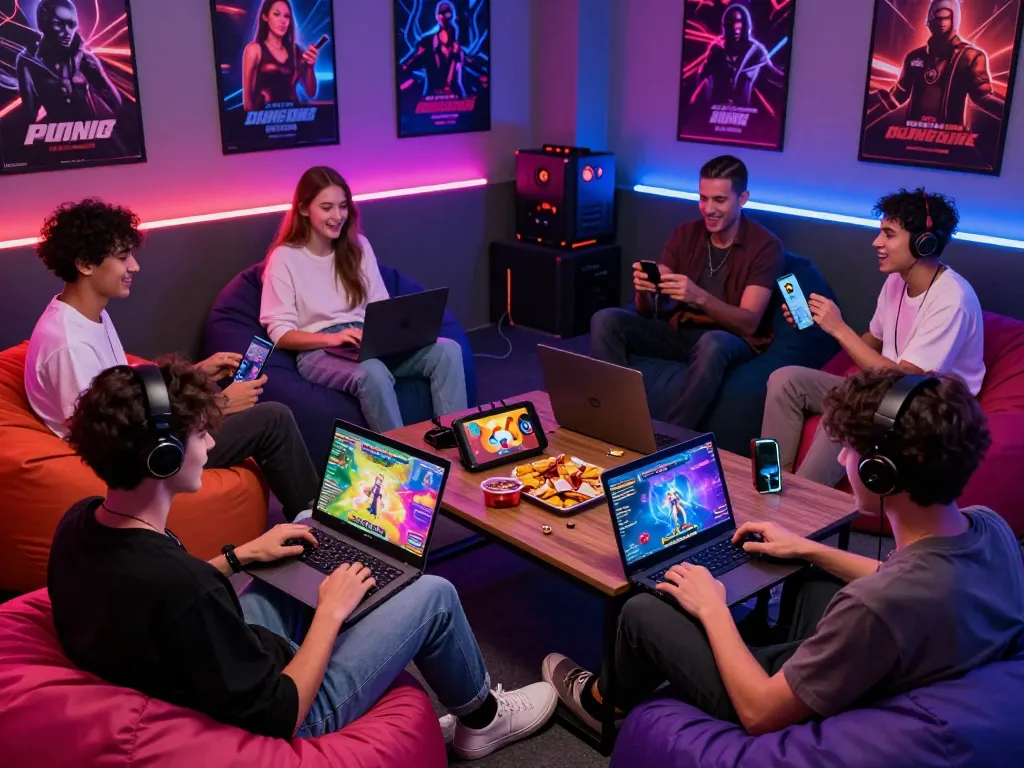 Engaged group of friends playing sex games online in a vibrant gaming lounge setting.