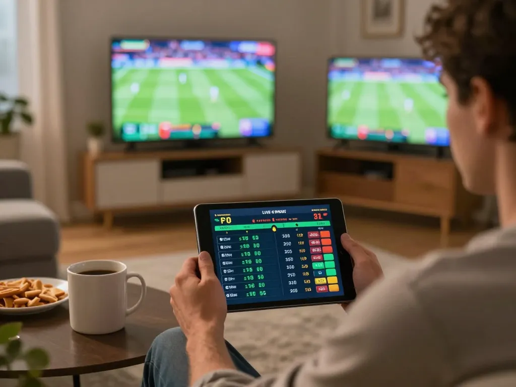 Engaging in live sports betting on vipwin79, showcasing real-time odds in a cozy home setting.