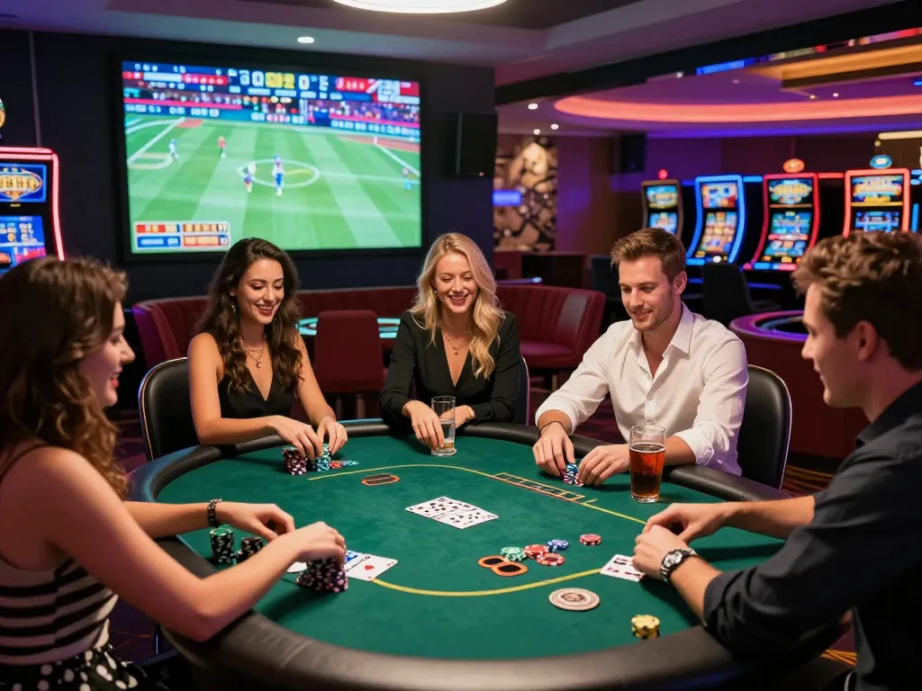 Friends enjoying a lively game of poker at 8kbet casino, vibrant atmosphere with LED lights.