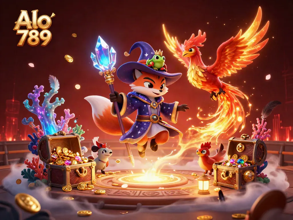 Alo 789 brings an exciting cockfighting experience with a mystical wizard fox, phoenix friend, and golden treasures.