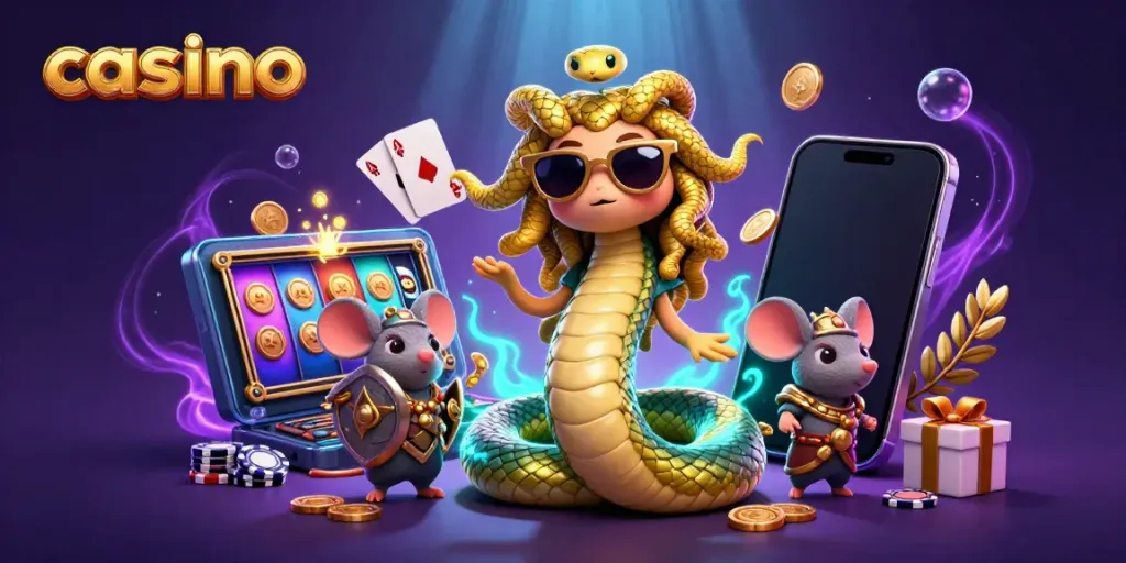 Experience the thrill of casino excitement with Medusa and a warrior mouse amidst vibrant gaming elements.