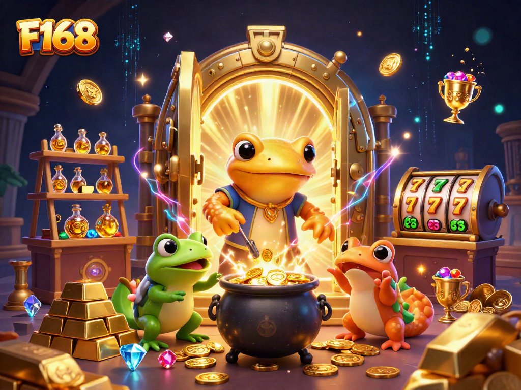 F168 casino scene featuring alchemist and apprentice amid gold coins and slot reels.