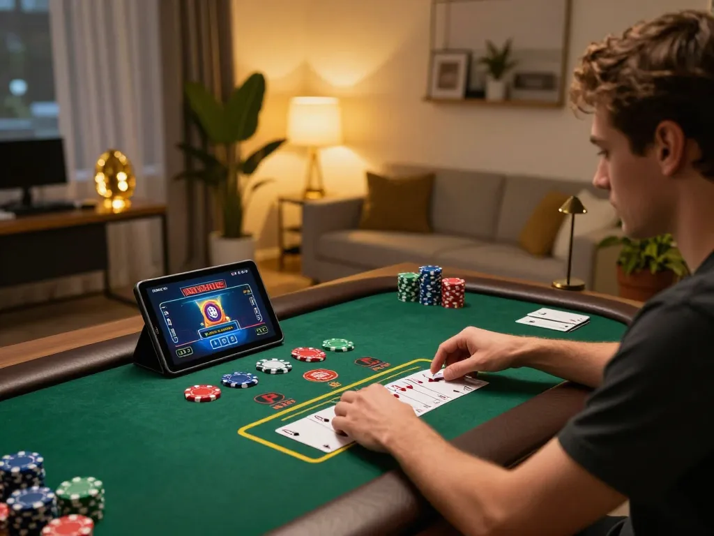 99win player engaging in live dealer blackjack via tablet in a cozy home office.