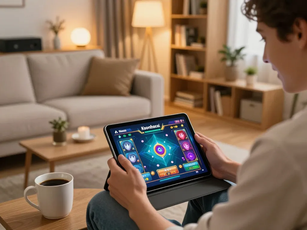 Engaging in online gameplay on keonhacai in a cozy home atmosphere with tablet and personal details