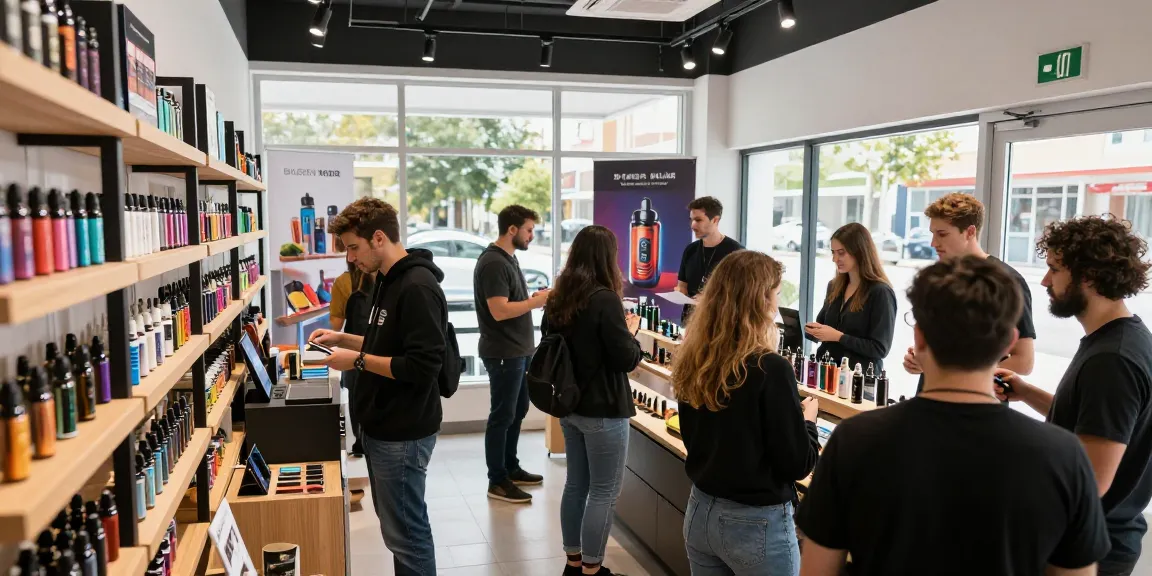 Vapes Italy displayed prominently in a vibrant vape shop full of diverse customers