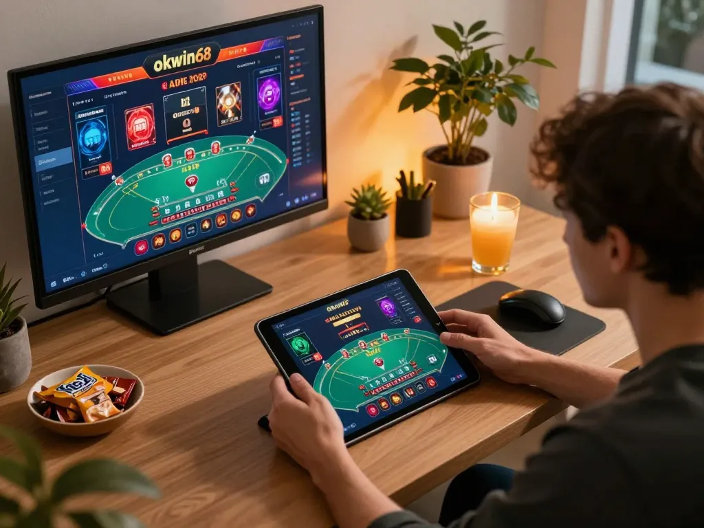 Engaged player using okwin68 app for exciting online blackjack session at home.