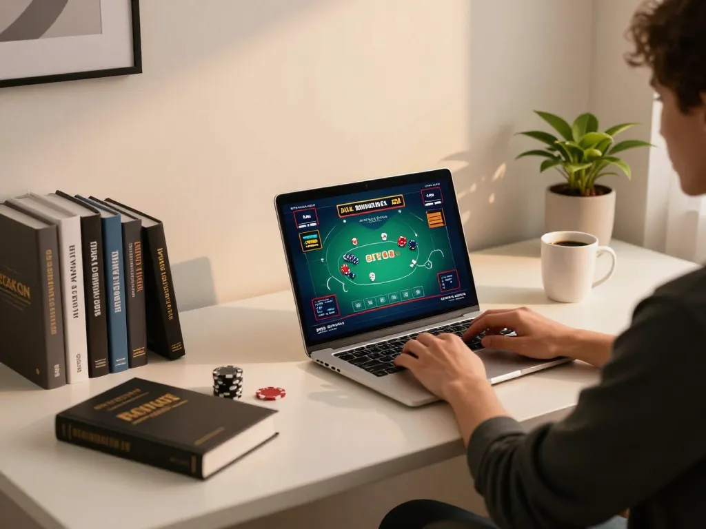 Engaging in online poker strategies on fly88 platform at a modern gaming lounge.
