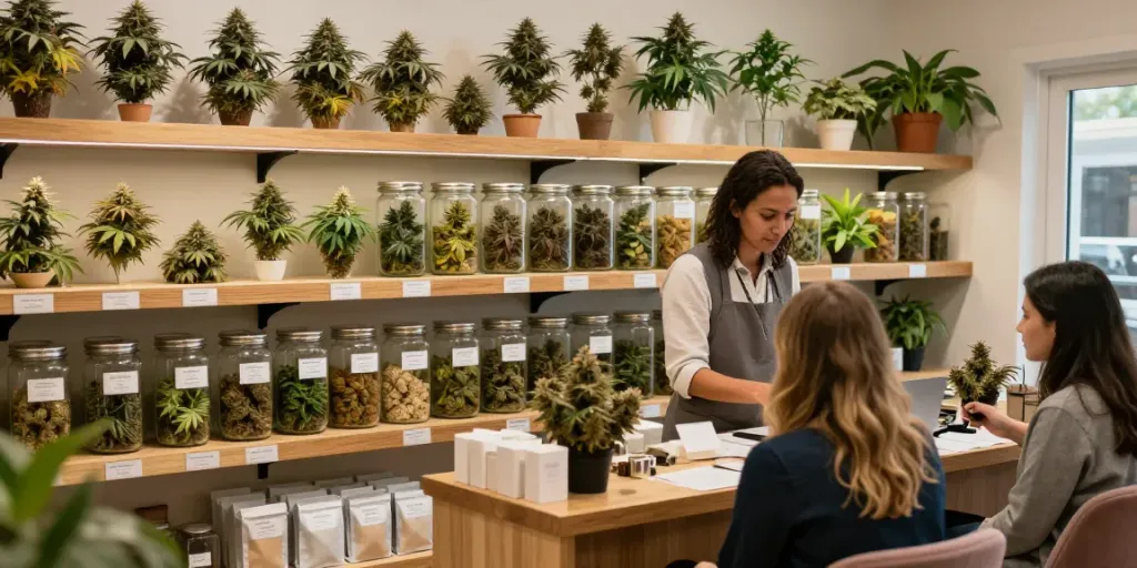 Buy indica sativa hybrid strains showcased in a welcoming cannabis dispensary.