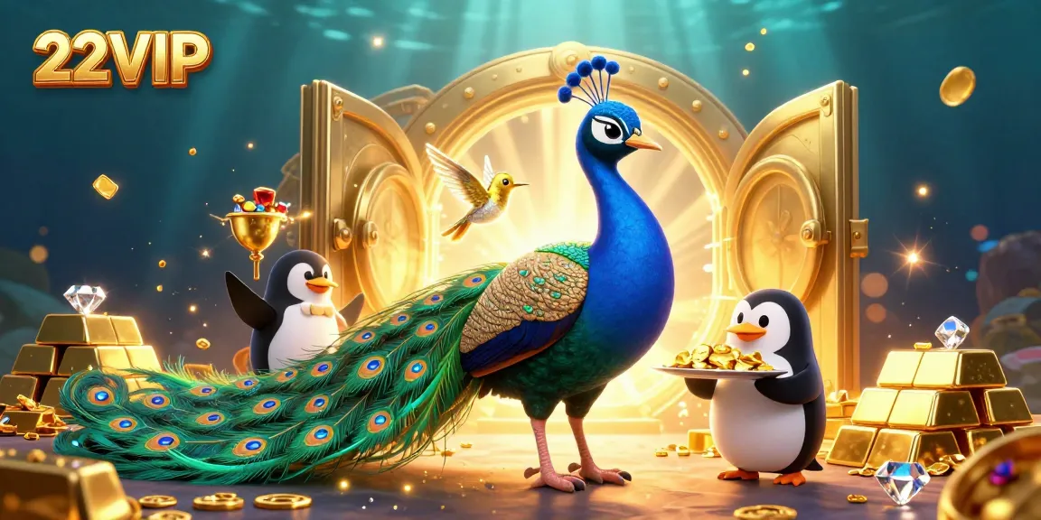 Experience thrilling wins with 22VIP as the peacock showcases dazzling treasures in a vibrant casino illustration.