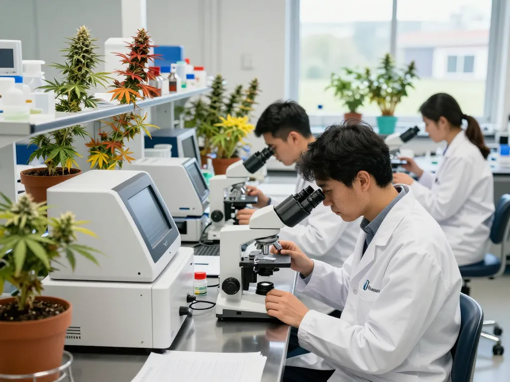 EU cannabinoid manufacturer team conducting quality tests in a vibrant lab filled with cannabis plants and advanced equipment.