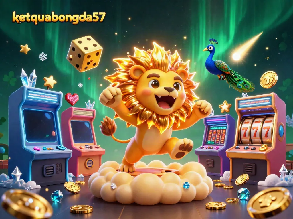 Experience ketquabongda57's vibrant casino world with a roaring sun lion and dynamic game elements.