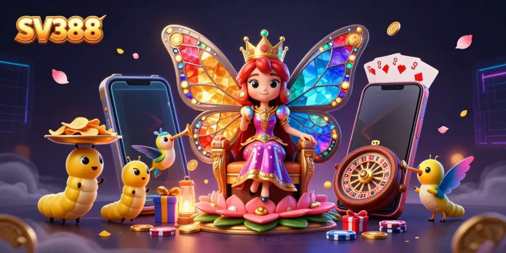 Experience SV388's dynamic casino thrills with a vibrant butterfly queen and casino elements.