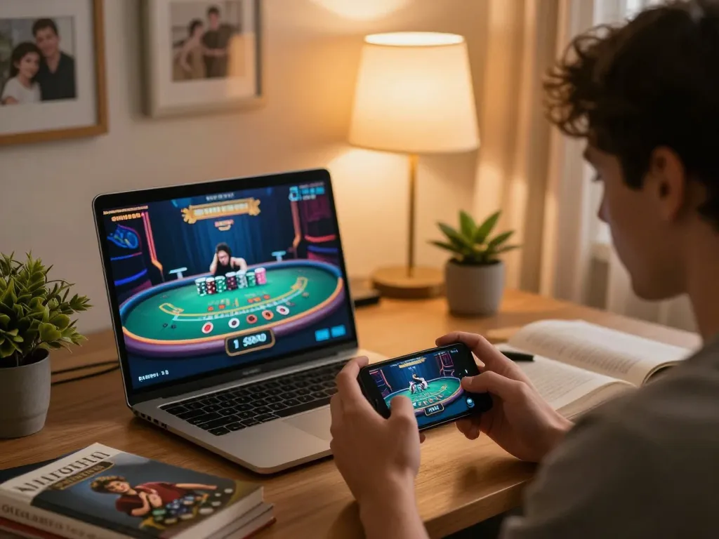 Player engaging with RR88 online blackjack on smartphone, showcasing a strategic gaming environment at home.