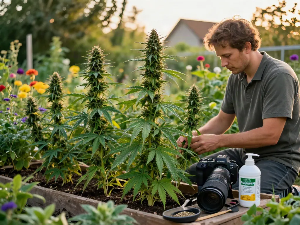 Cannabis seeds for sale illustrated in a vibrant outdoor garden setting, showcasing healthy plants and a dedicated grower.
