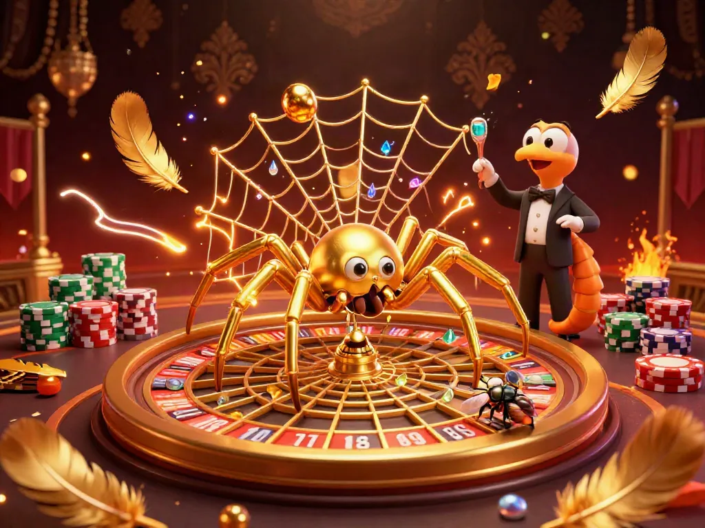 Spin the roulette with kqbd while a fly nervously bets in this vibrant casino scene.