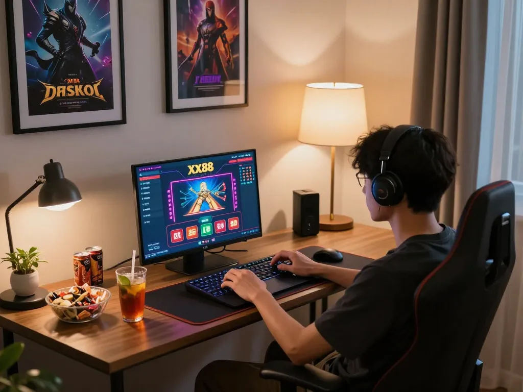Experience online gaming with xx88 asia in a comfortable home setup, highlighting strategic gameplay and engagement.