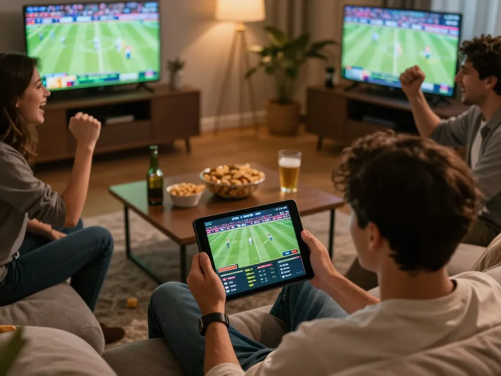 Person excitedly placing bets on sports using bj886 app while friends cheer in background