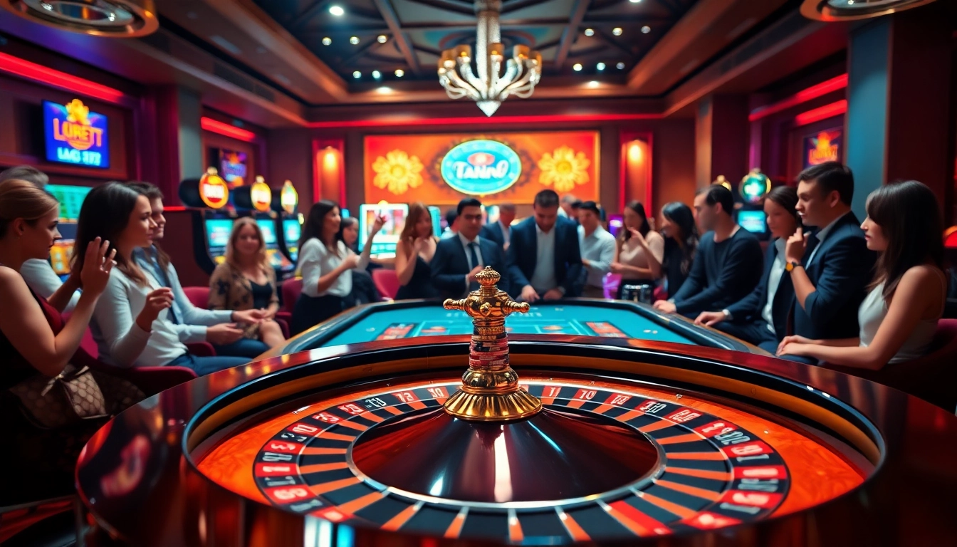 A thrilling scene of players enjoying a roulette game at mm88.com casino, illuminated by glamorous lighting.
